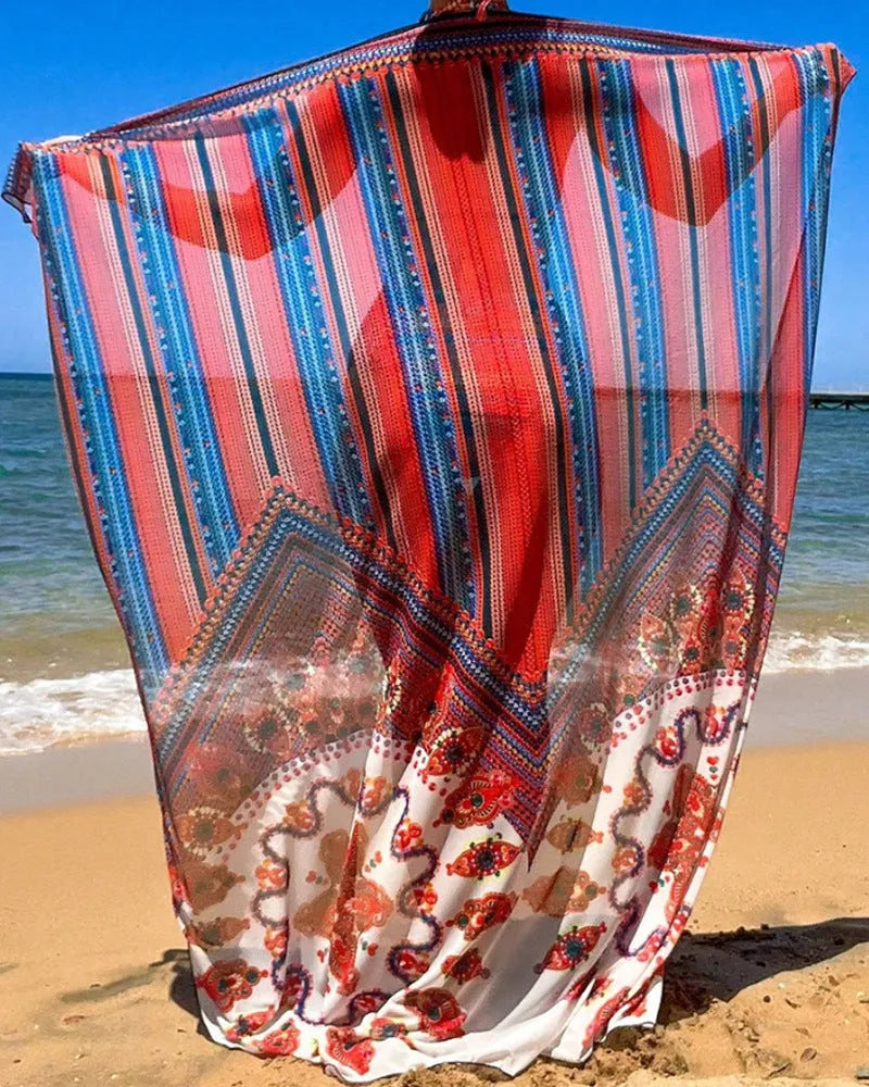 Women's three-piece swimsuit set with high-waist briefs, sleeveless split blouse, and matching coat