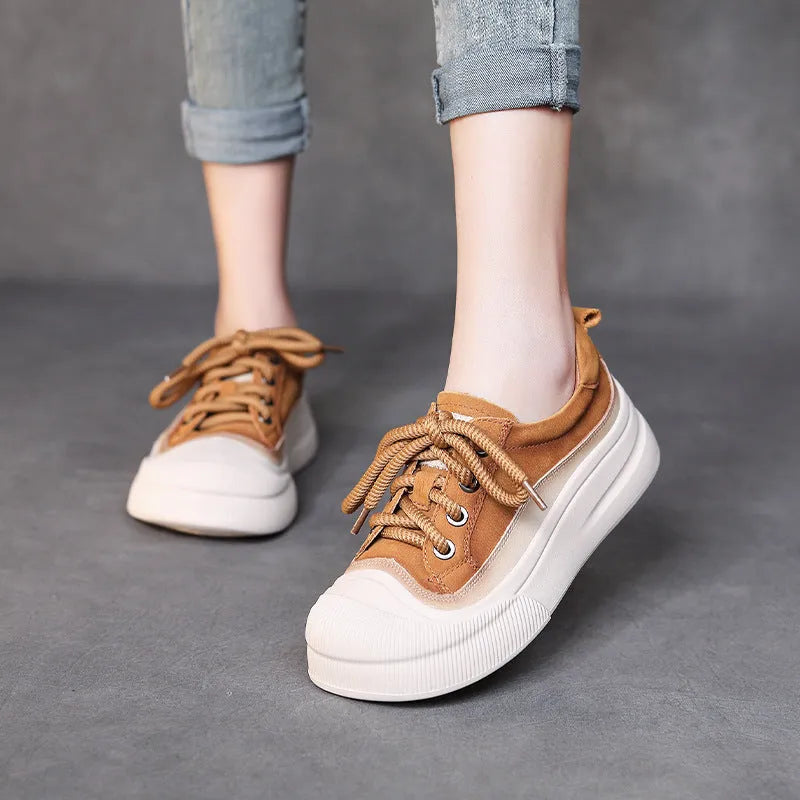 Women's full grain cow leather lace-up casual shoes in yellow and cameo brown with round toe design