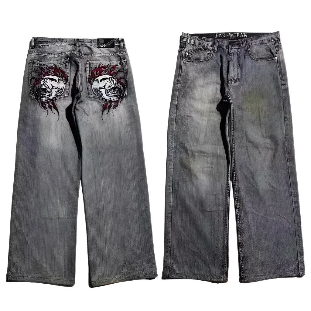 Men's grey washed-out wide-leg jeans with a straight cut and mid-rise waist on a mannequin.