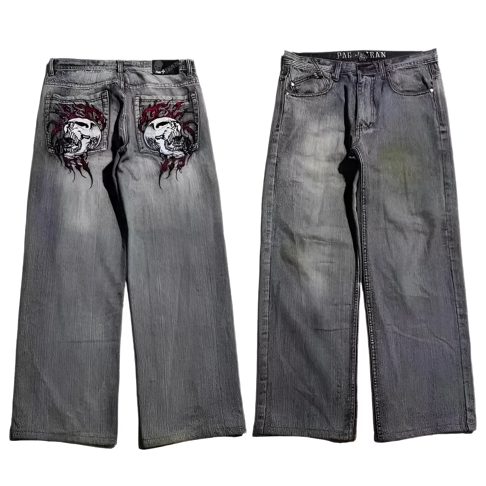 Men's grey washed-out wide-leg jeans with a straight cut and mid-rise waist on a mannequin.