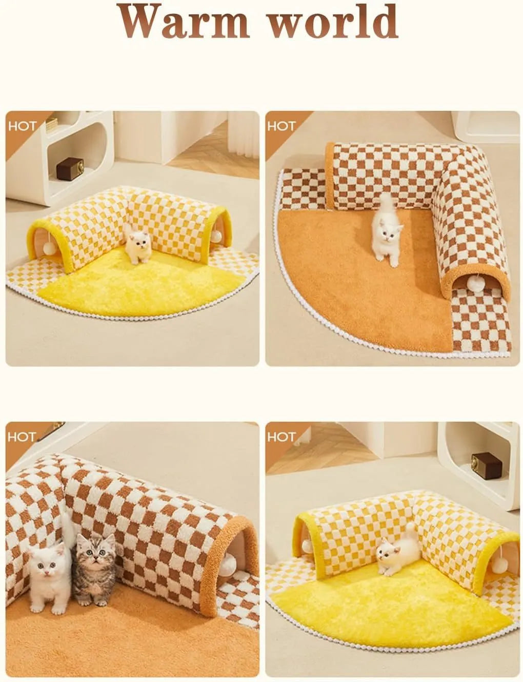 Brown plush plaid cat tunnel bed with central mat, shown in an XL size for indoor cats.