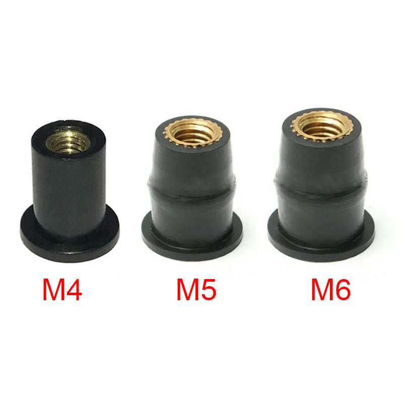 Black motorcycle windshield rubber brass nuts in M4 M5 M6 sizes with expansion rubber design