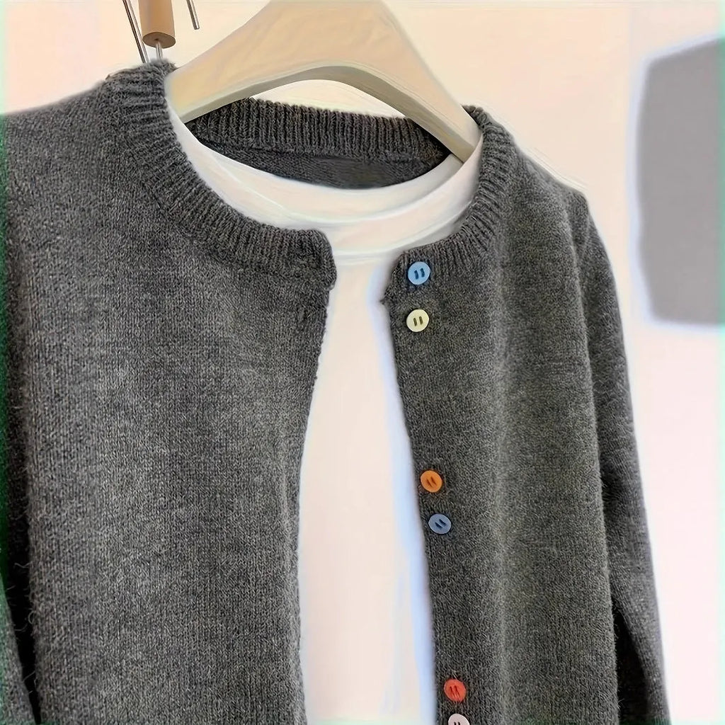 Dark grey women's polyester cardigan sweater with button fastening and regular sleeves