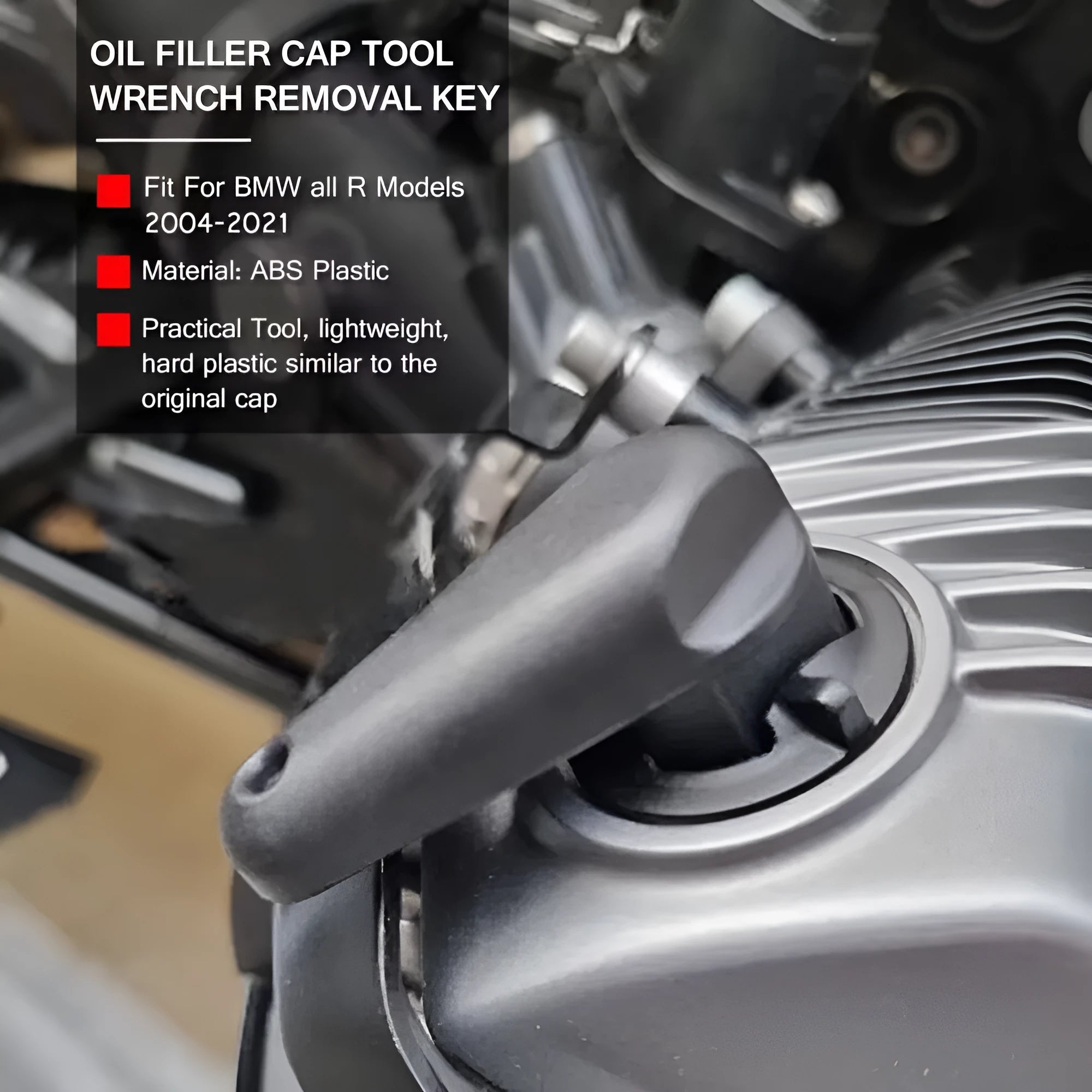 Black nylon quick release wrench for BMW motorcycle engine oil cap on a 7x10x3 cm packaging box.
