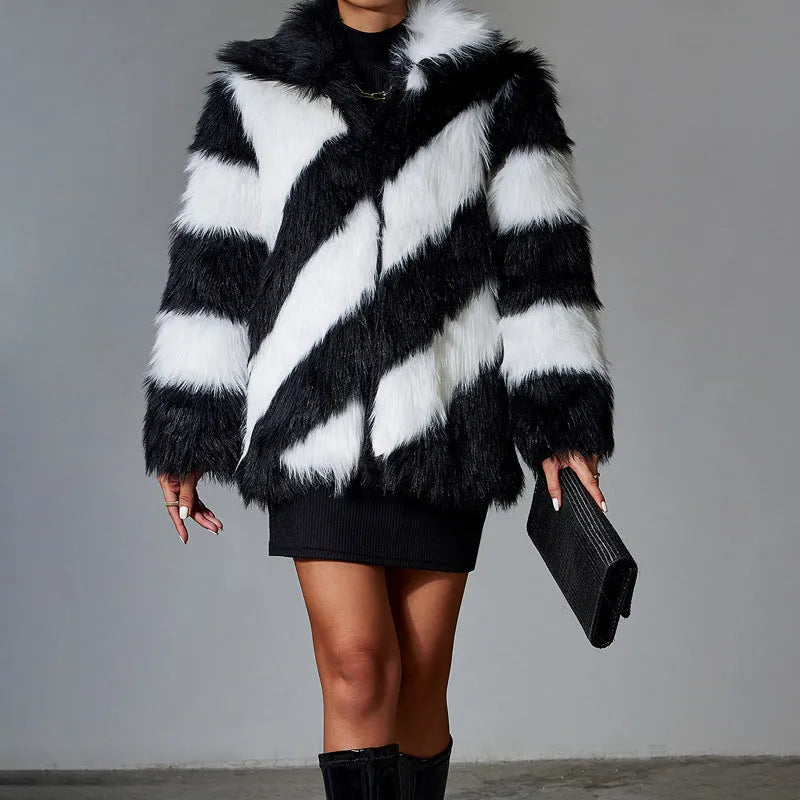 Picture colour faux fur coat with contrast lapel and fur collar, normal length.
