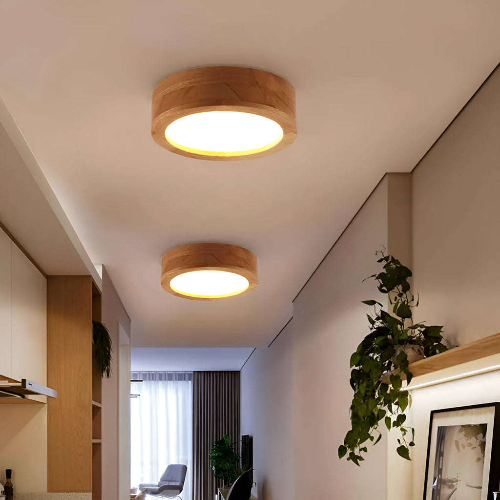 Minimalist Nordic wood art and acrylic ceiling light for corridor or entrance hall