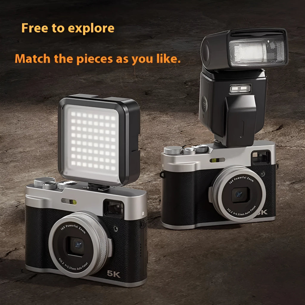 Black and brown 5K digital camera with dual lenses, optical viewfinder, and 2.88-inch LCD display