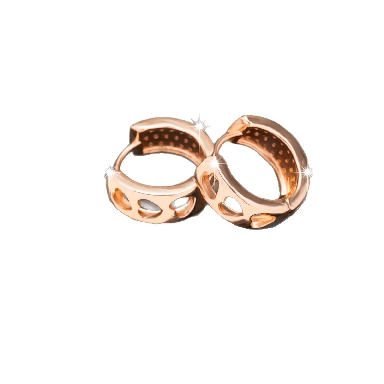Rose gold electroplated women's earrings with three hollowed heart shapes in circular arrangement