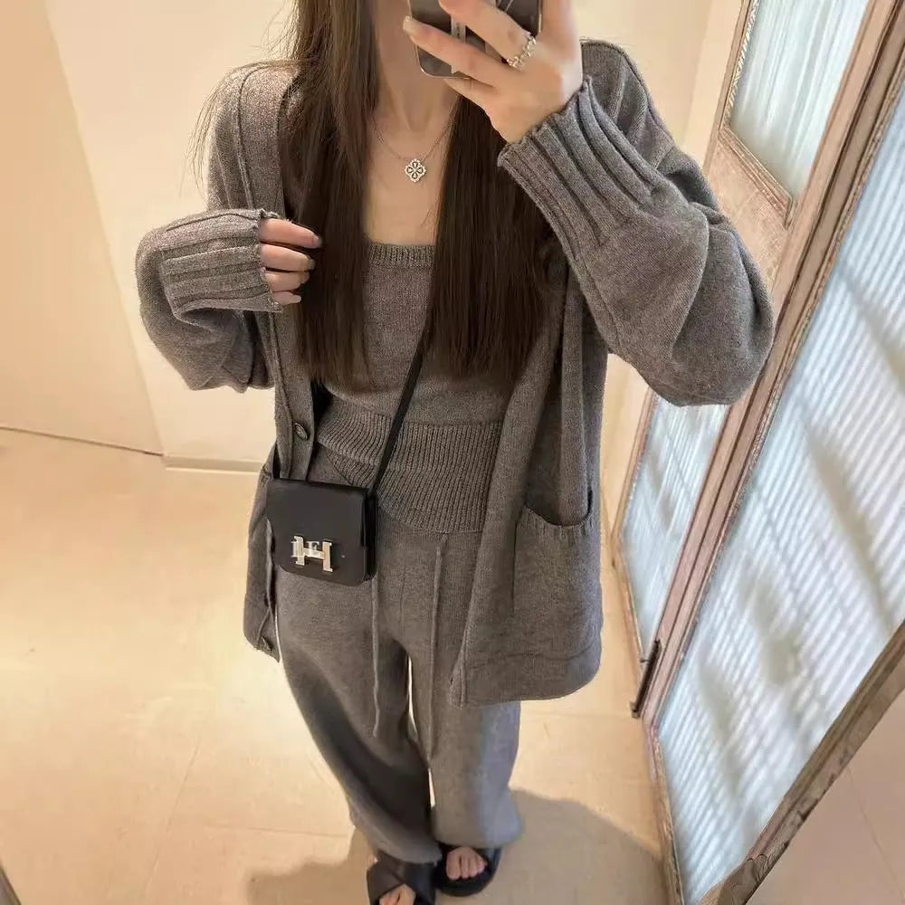 Women's knit cardigan suspender pants three-piece set in loose Japanese Korean casual style