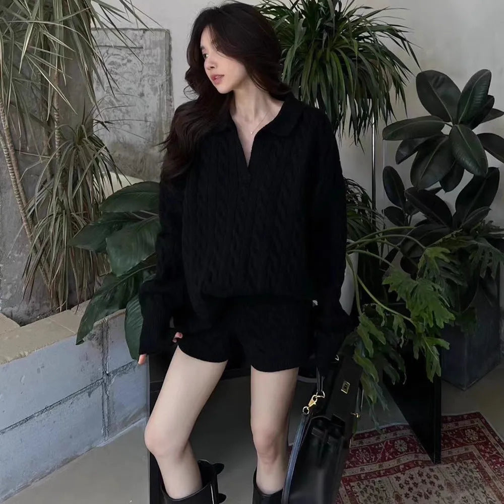 Women's geometric cable knit suit set with long sleeve sweater and elastic waist shorts in creamy-white, black, or gray.
