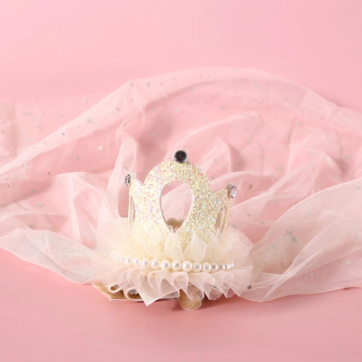 Beige or pink cotton polyester princess crown and veil headdress for cats and small dogs