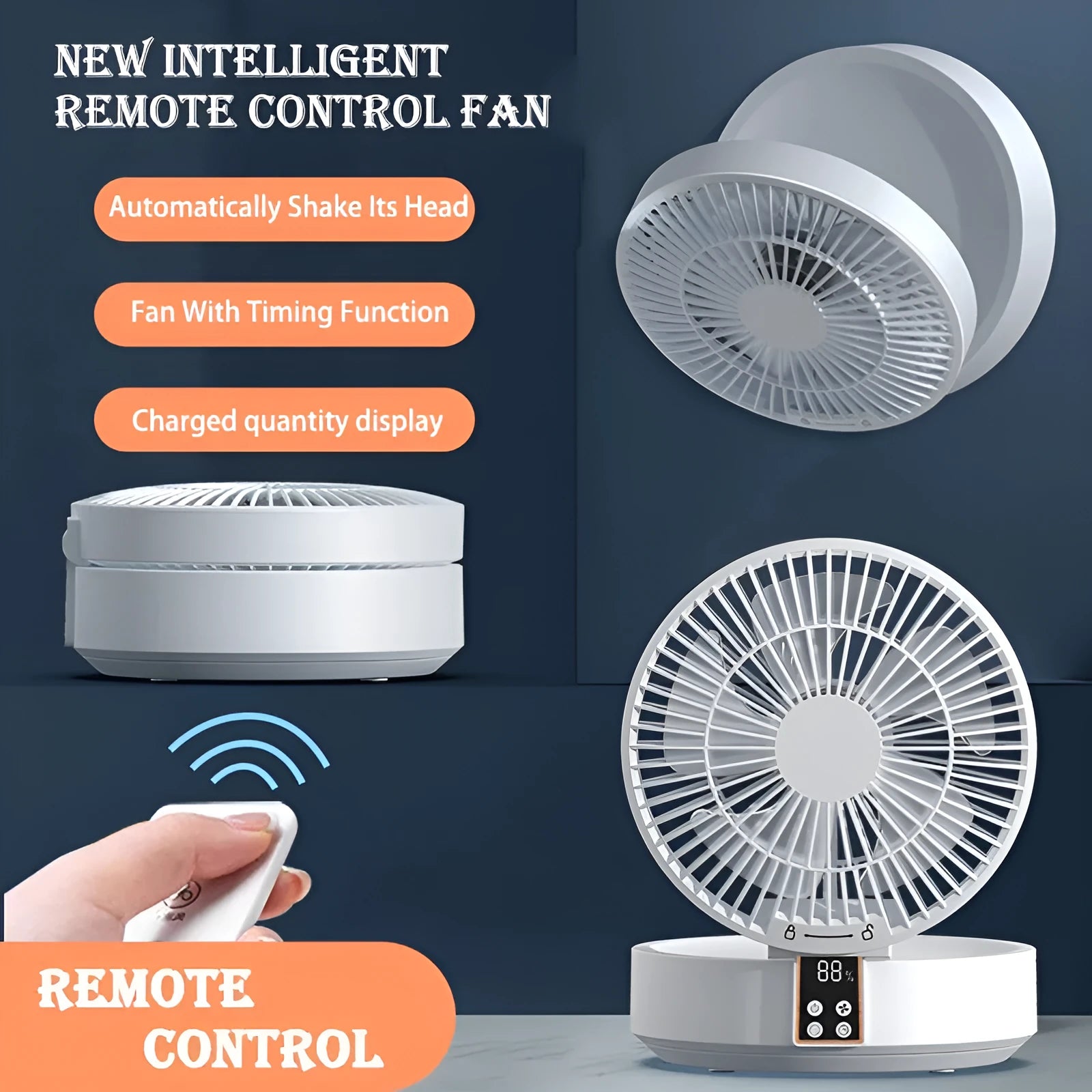 Portable USB rechargeable folding fan with remote control and night light in white, blue or green