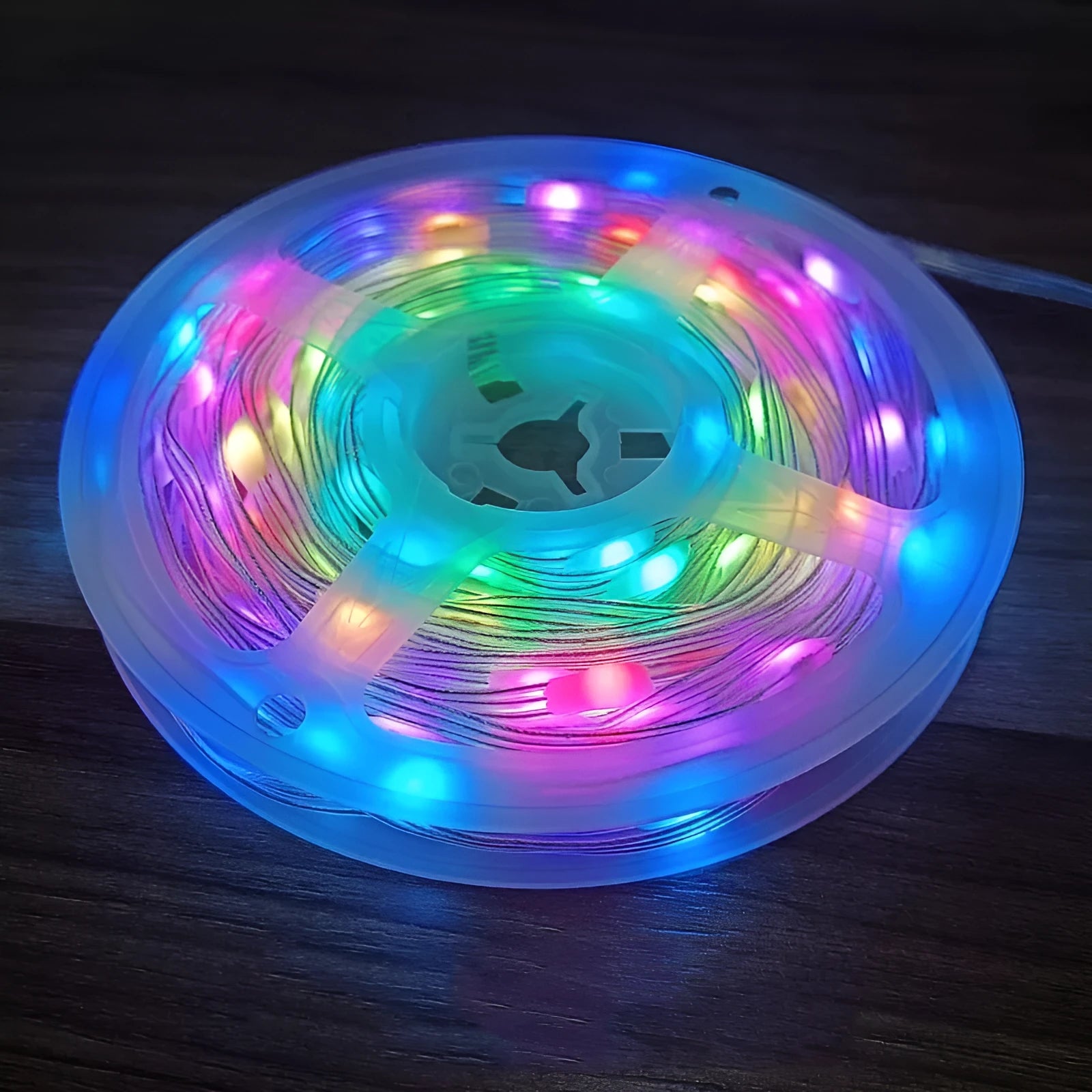 10-metre long multi-colour LED festival light string with 100 bulbs, showing eight different lighting modes.