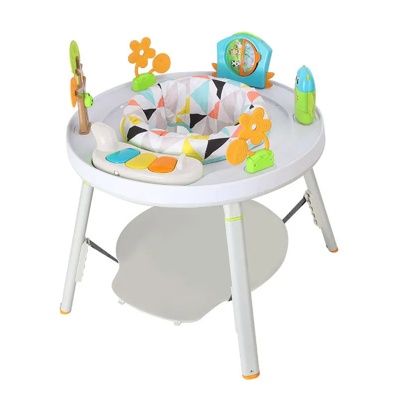 A white baby jumping chair activity centre with a bouncing seat, gymnastic rack, and toys in a duck or lion character design.