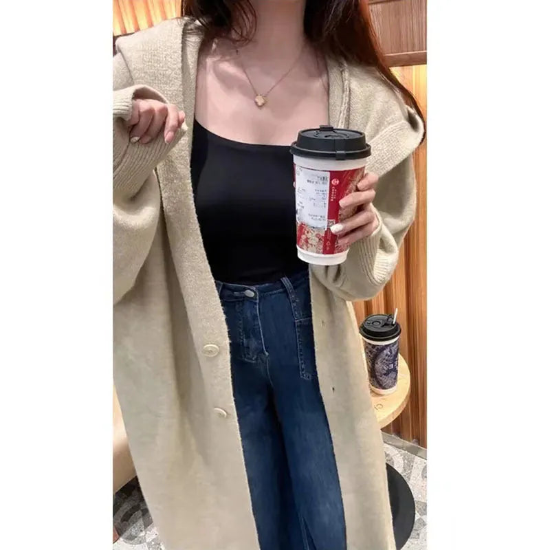 Korean style long hooded cardigan for women in a wool blend, shown in beige, loose below-knee fit.