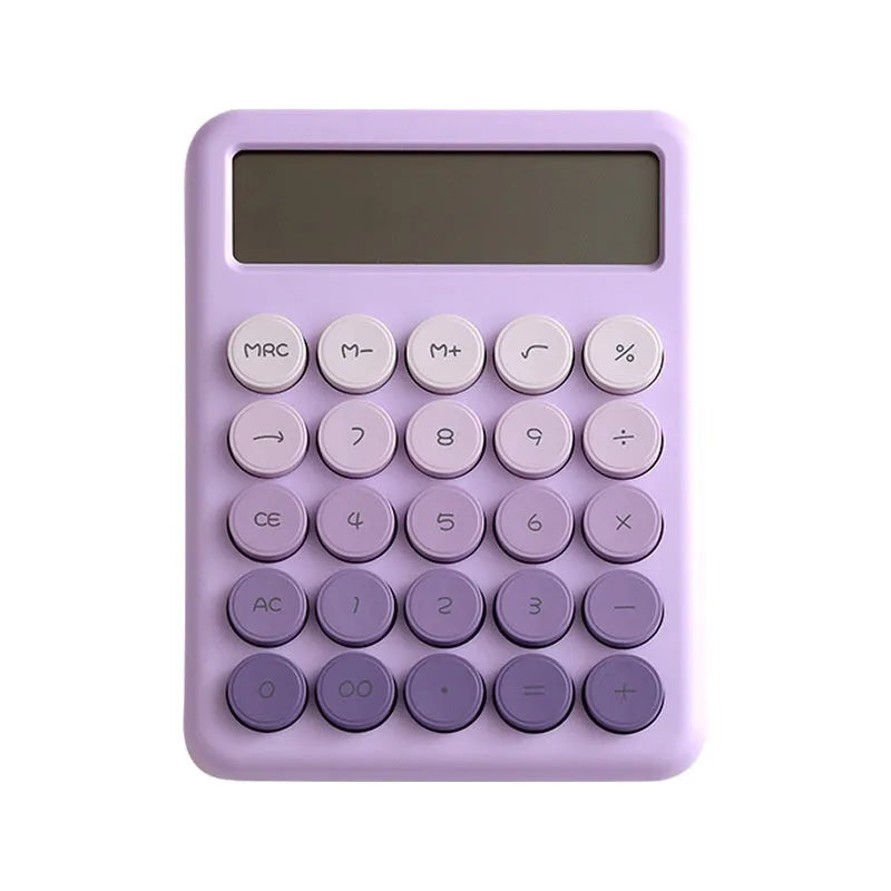 Gradient colour desk calculator in violet, cherry blossom pink, blue, and mint green finishes on a desk.