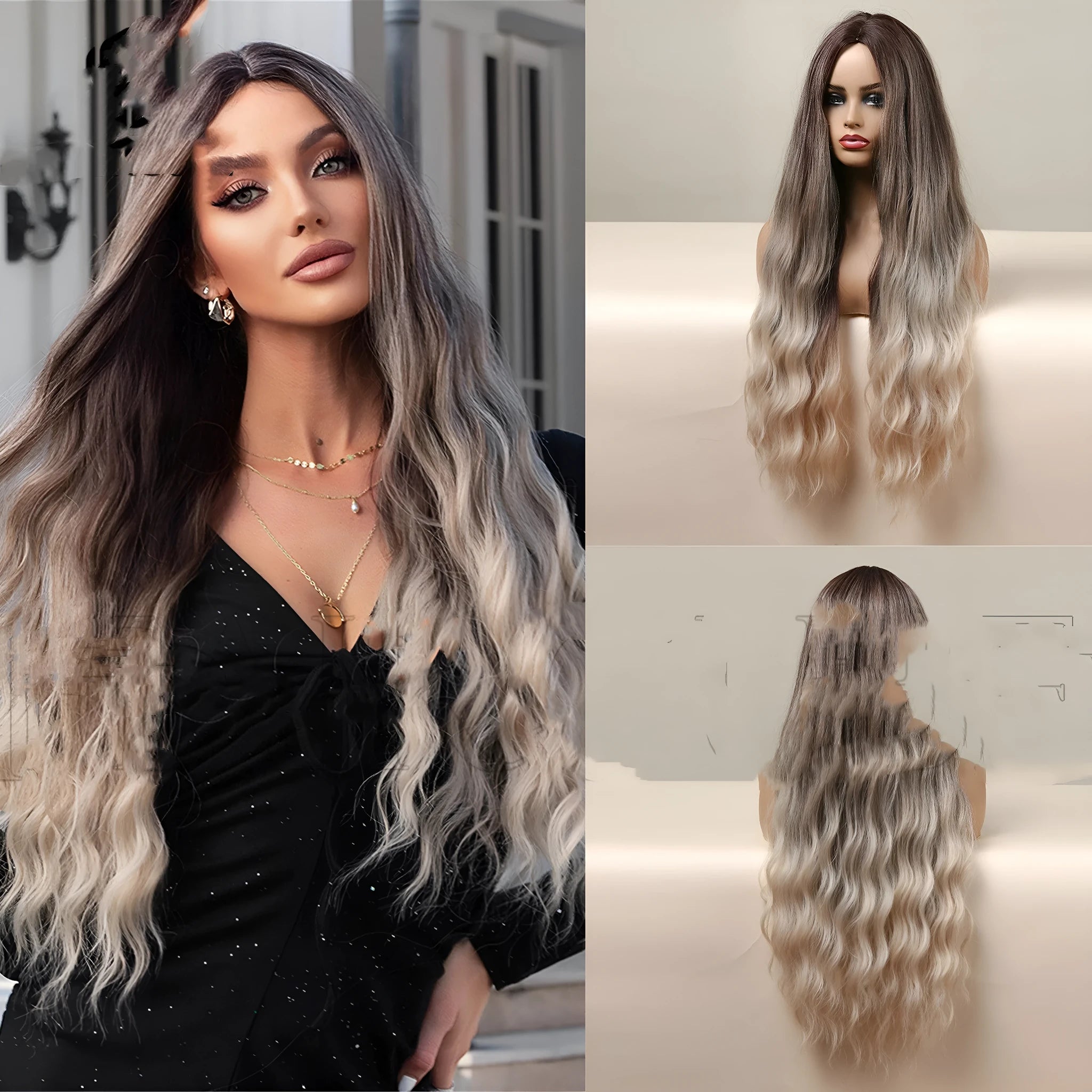 Medium brown gradient blonde long curly wig with medium bang on a mannequin