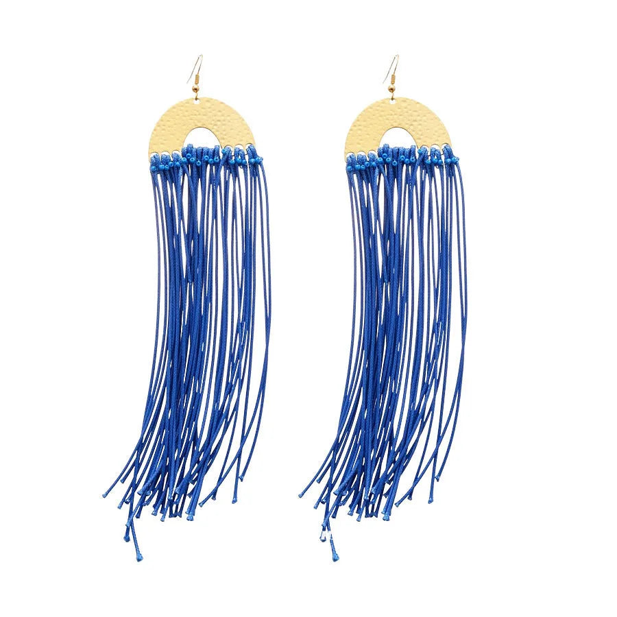 Handcrafted geometric women's earrings with cloth material and silver needle-blue resin flower elements