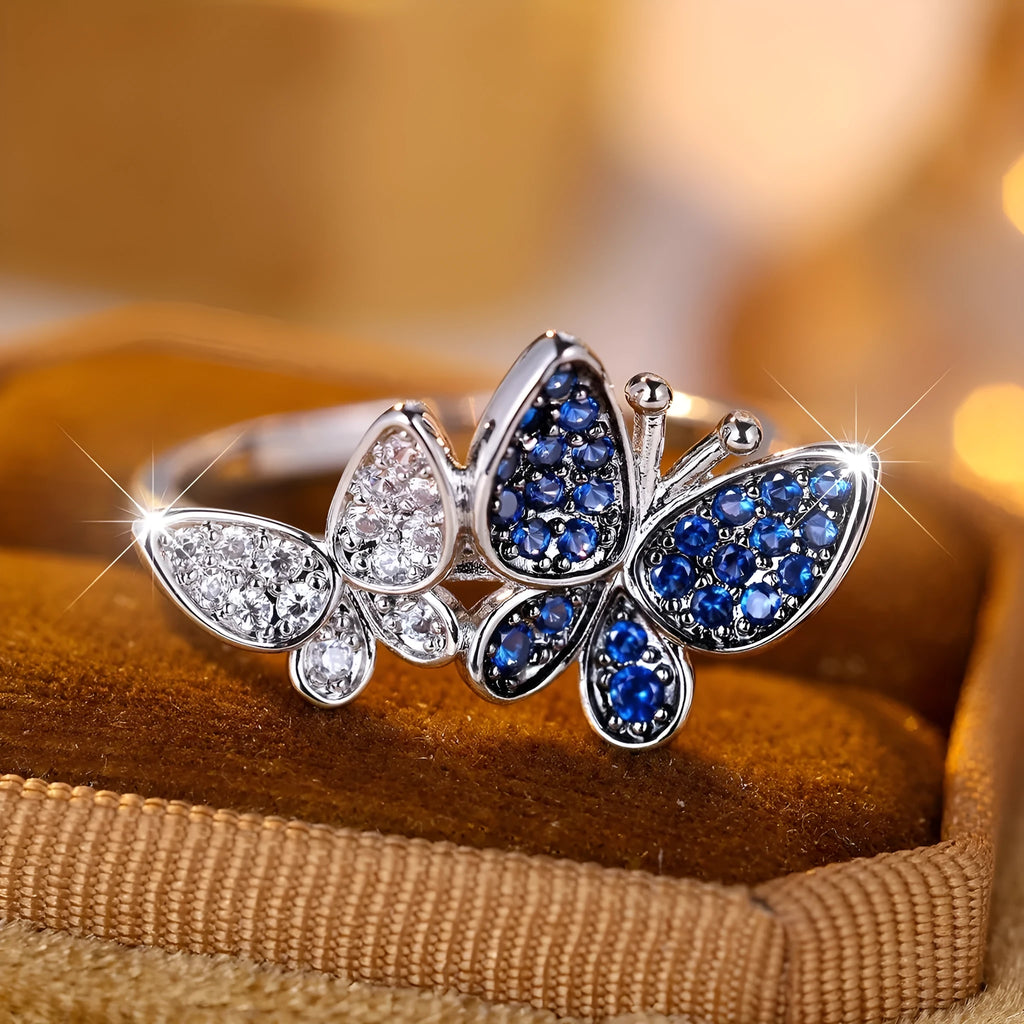 Blue and white butterfly ring TJZ40135 made from copper with electroplated finish, ring size No 8