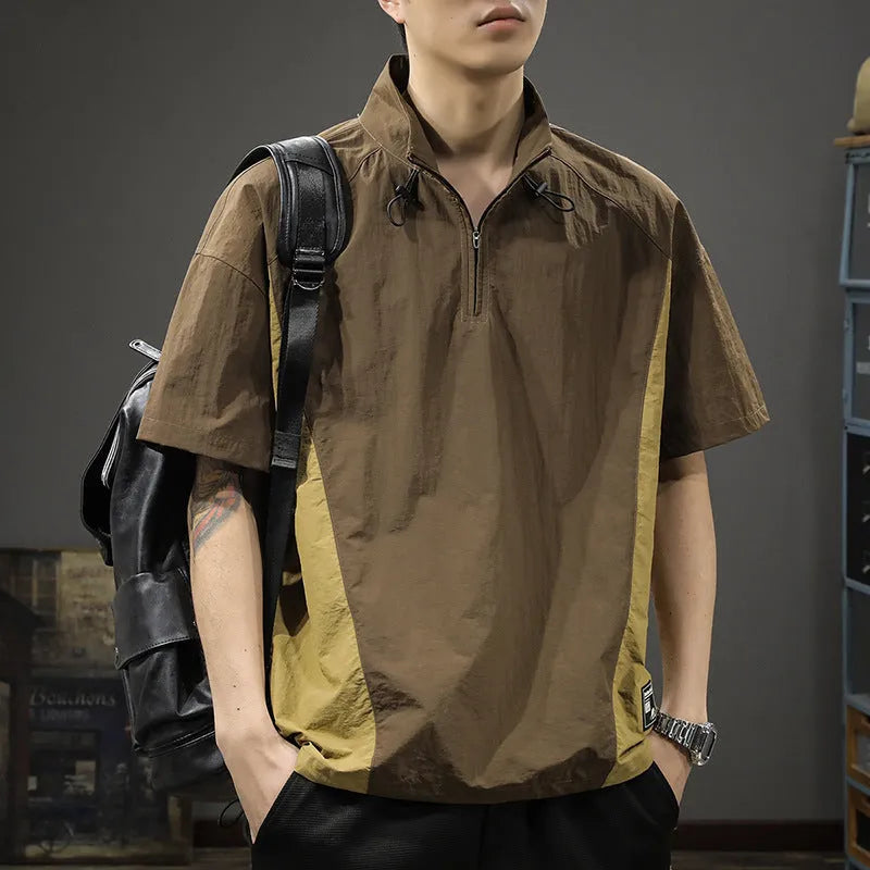 Men's short sleeve half-zip stand collar shirt in brown or purple ice silk fabric with loose fit