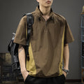 Men's short sleeve half-zip stand collar shirt in brown or purple ice silk fabric with loose fit