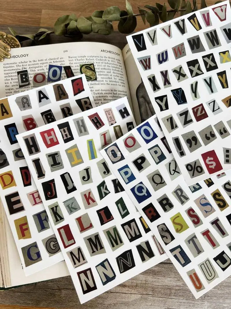 English letters and numbers symbol label stickers showing full alphabet sets and weekly words in cute style