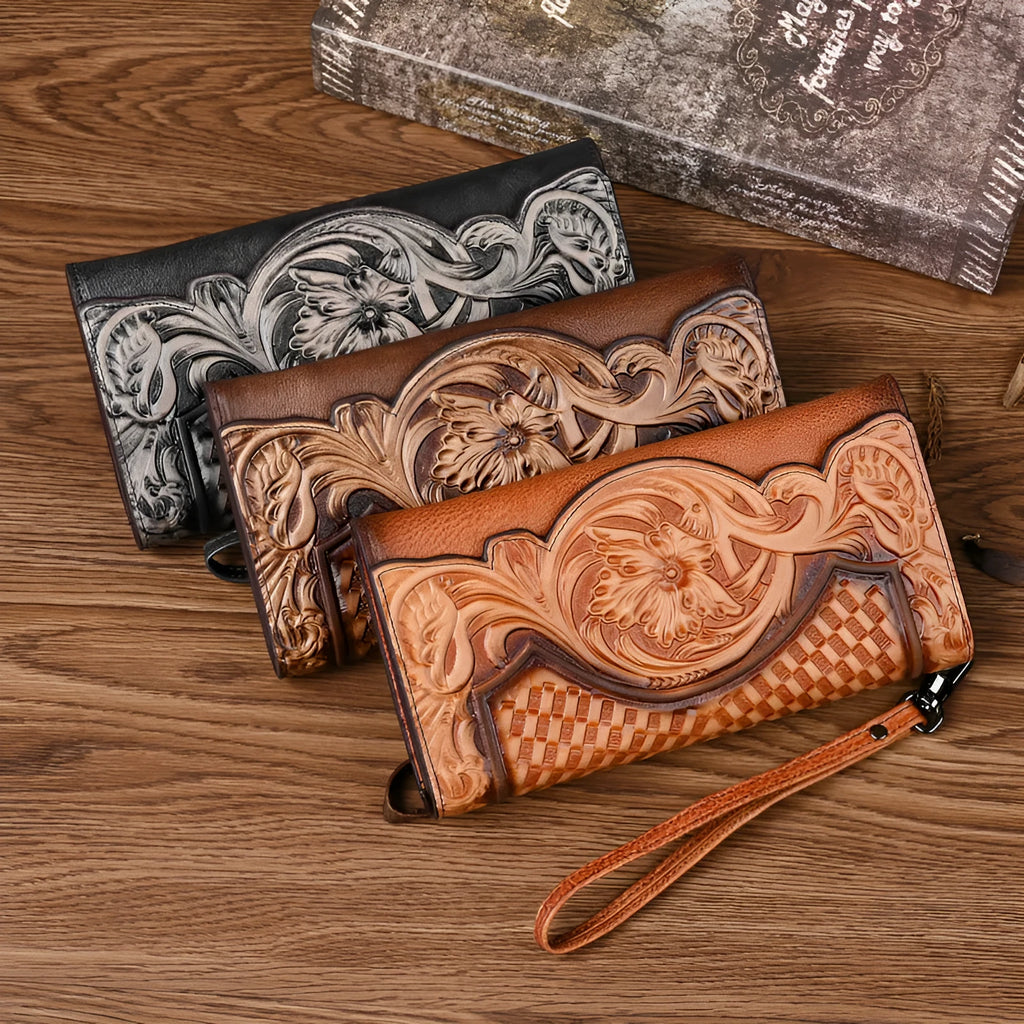 Women's tri-fold cowhide wallet with Chinese embossed floral patterns in retro brown colour