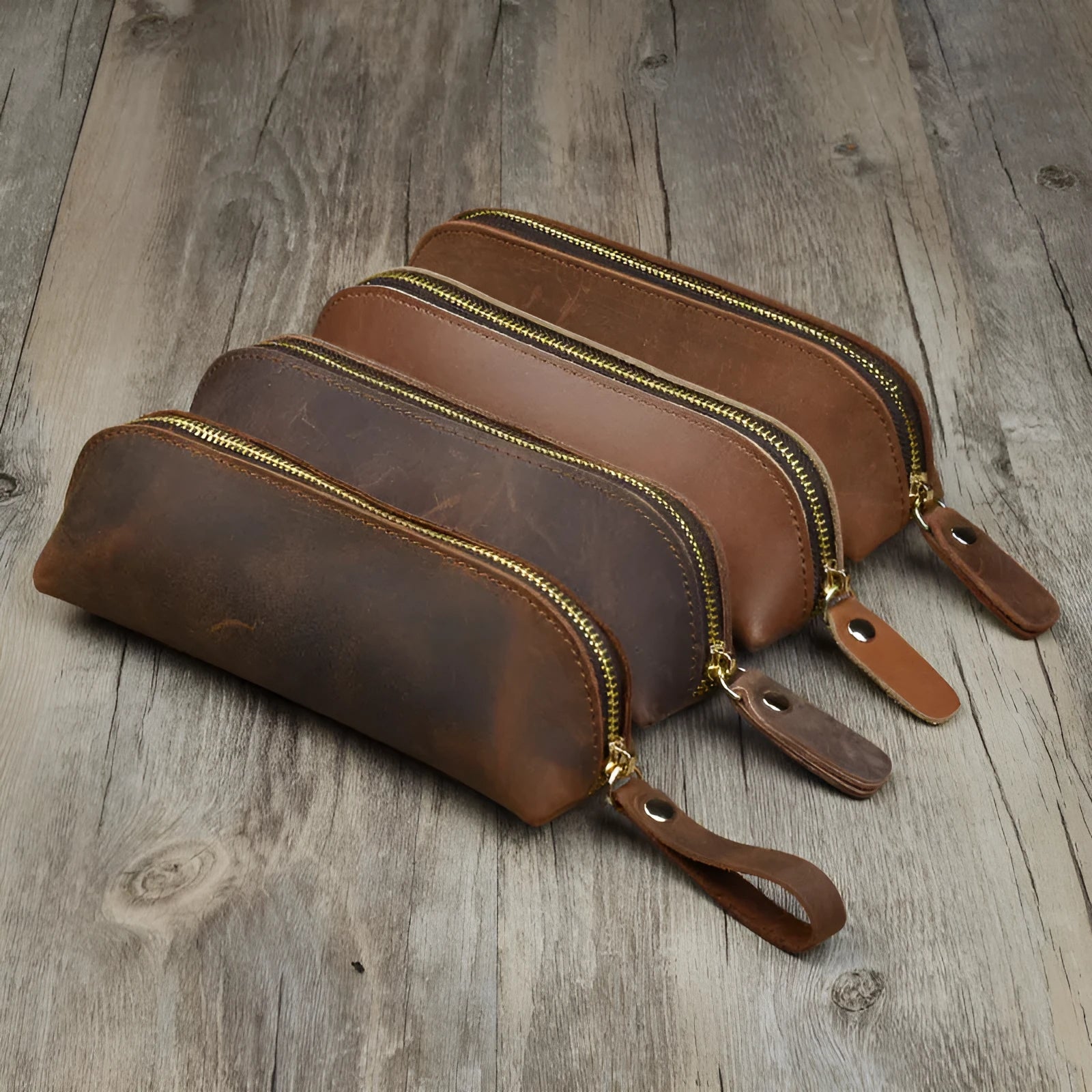 Handmade cowhide leather pencil case measuring 18cm long with zipper closure in black brown dark brown or yellow