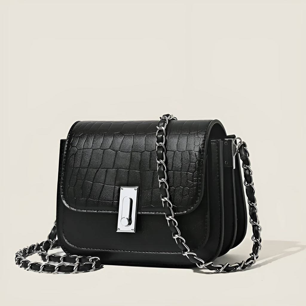 Women's soft PU chain shoulder bag in black with interior phone pocket and crossbody strap