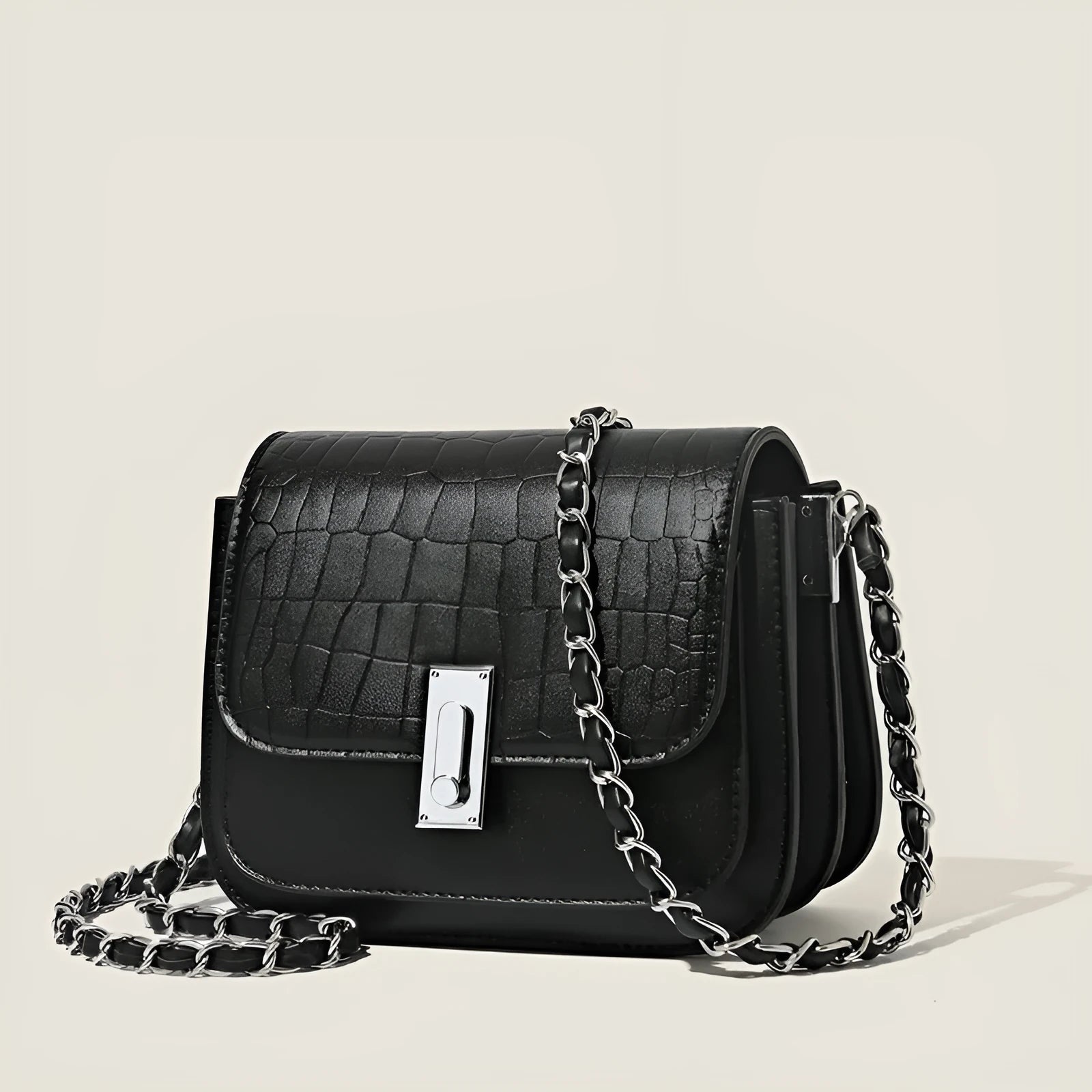 Women's soft PU chain shoulder bag in black with interior phone pocket and crossbody strap