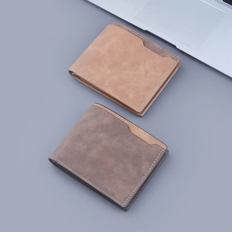 Men's short PU bifold wallet in frosted dark brown contrast colour, 11.5x9.5cm compact size