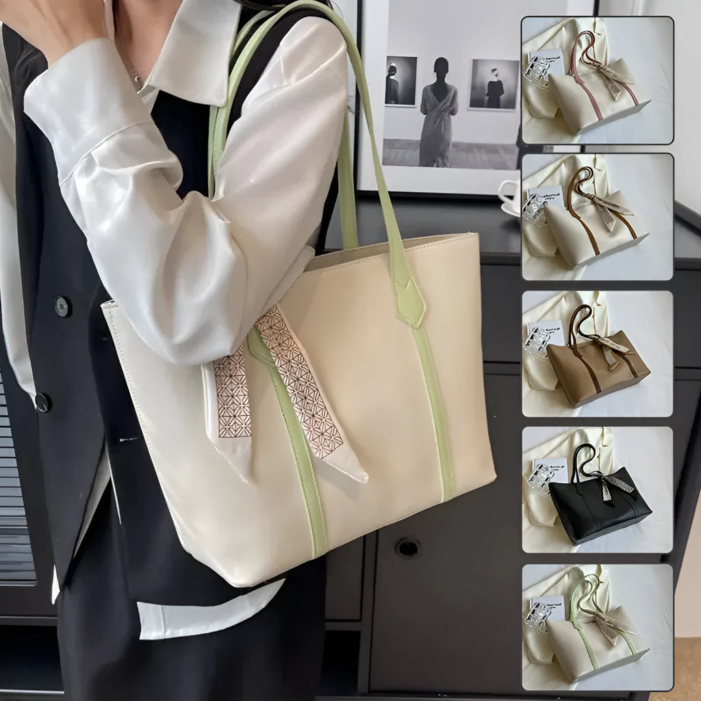 Soft women's crossbody tote bag in bucket silhouette showing sandwich pocket detail and shoulder strap