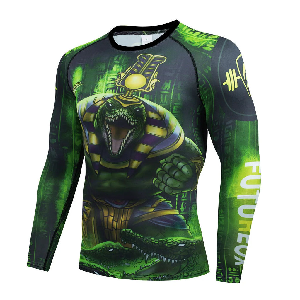 Man wearing a slim-fit ZF016 printing pattern sports suit, consisting of a long-sleeved top and trousers, for running or fitness.