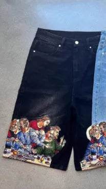 Men's blue cotton shorts with Jesus print on back pocket and tapered legs