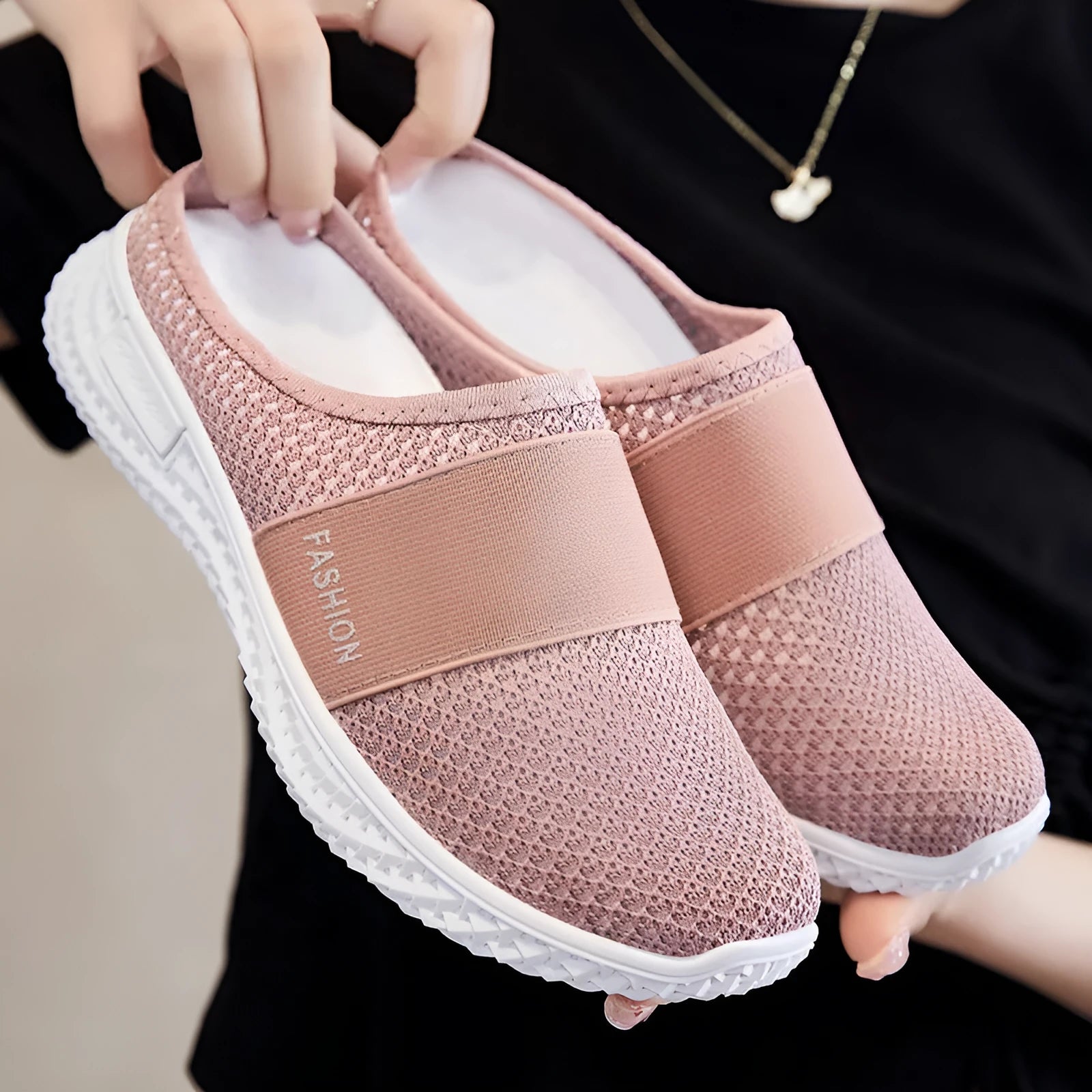 Women's breathable mesh casual shoes in black, grey, pink, and purple with flat heel and round toe design