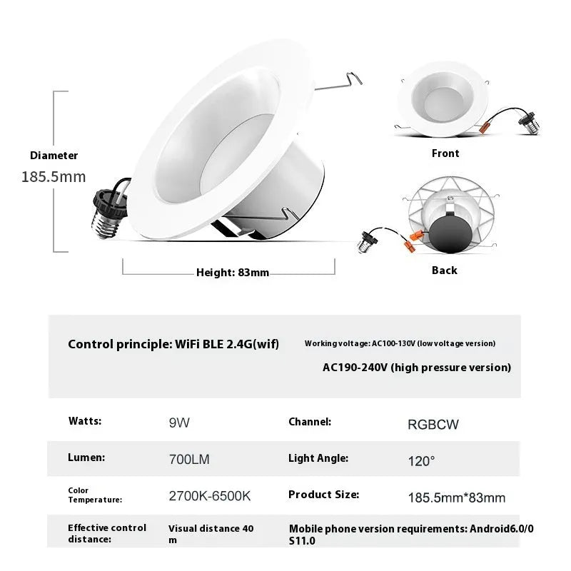 Smart WiFi Bluetooth RGBW colour changing ceiling lamp with aluminium housing and PC shade.
