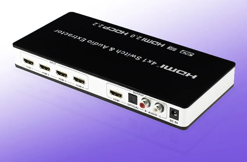 Black HDMI audio video switch unit with remote control for four input sources.