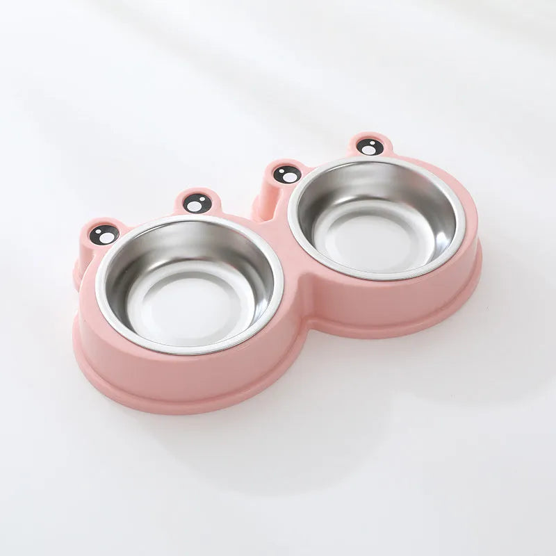 Stainless steel pet double bowl in frog shape for feeding and drinking water