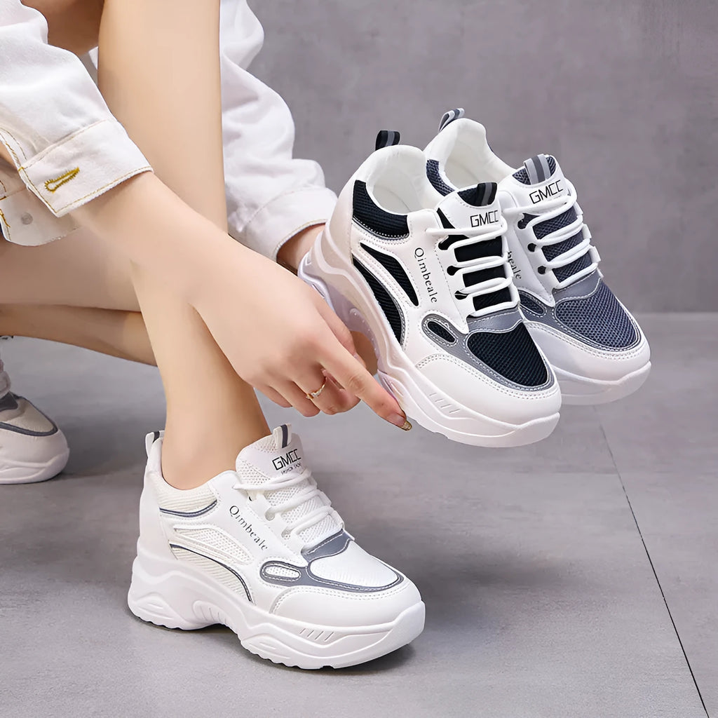 White height-increasing dad shoes mesh PU upper wedge heel 6-8cm platform casual sneakers