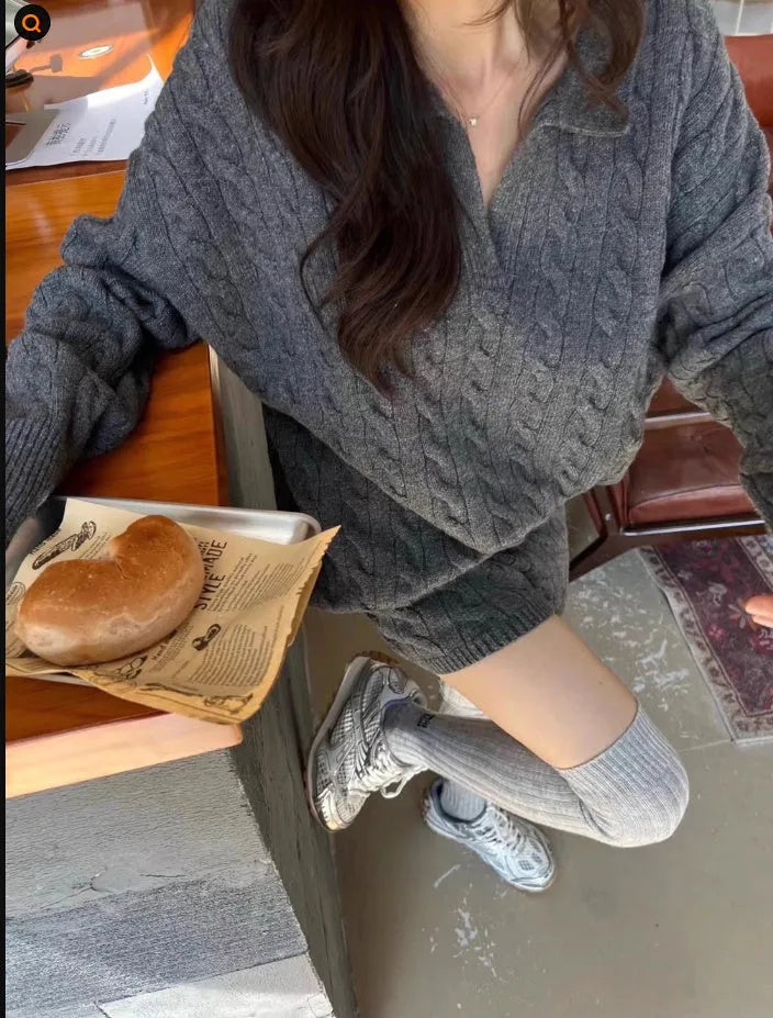 Women's geometric cable knit suit set with long sleeve sweater and elastic waist shorts in creamy-white, black, or gray.