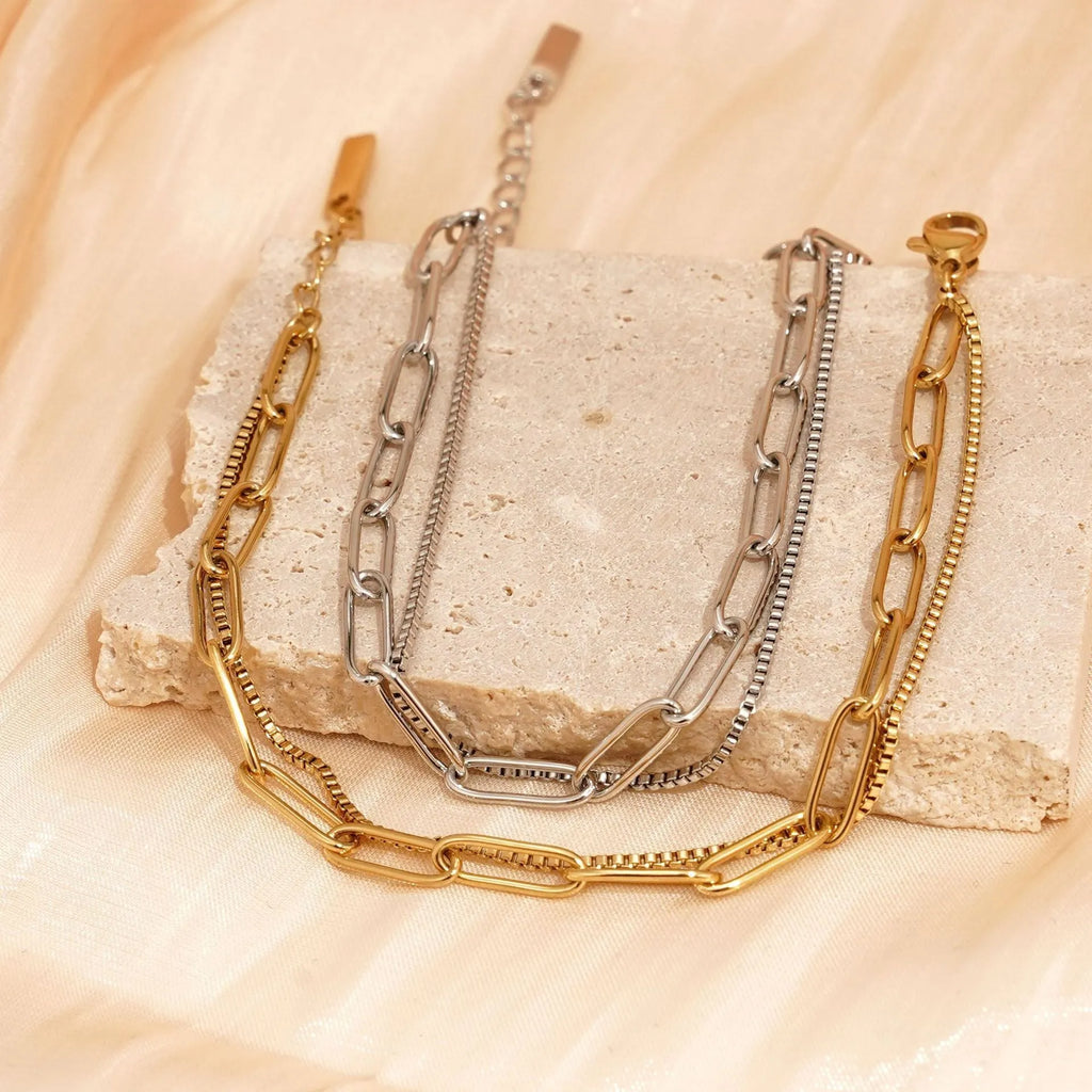 Women's double layer titanium steel bracelet with geometric lines in gold or silver electroplated finish