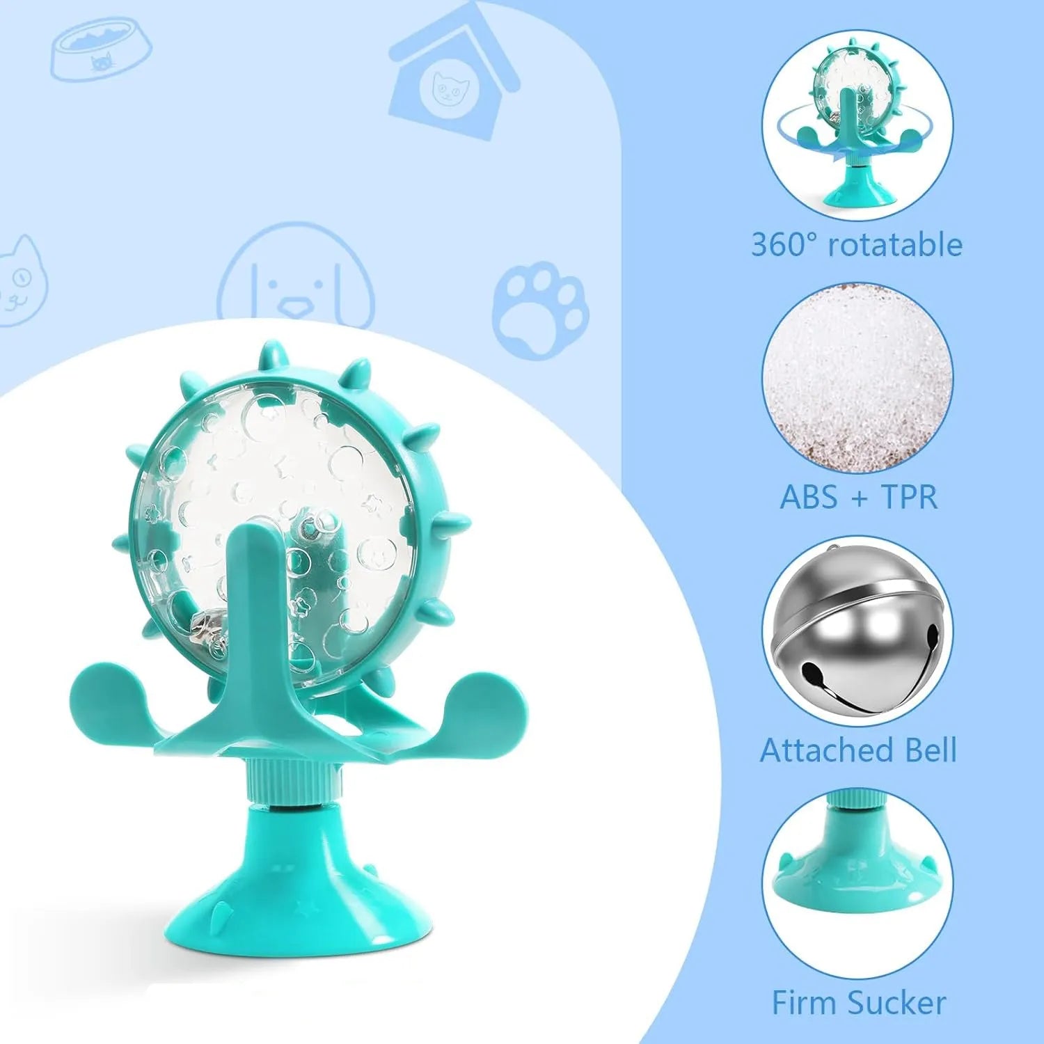 Interactive pet puzzle feeder toy with rotating dispenser in blue, green, red, or yellow colours