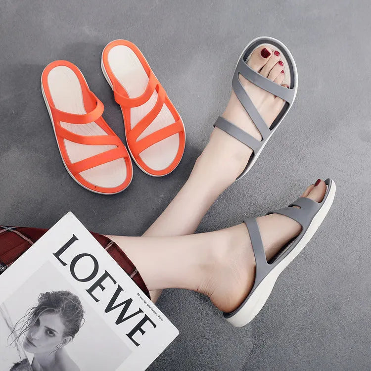 Women's casual beach sandals in breathable PP material available in six solid colours