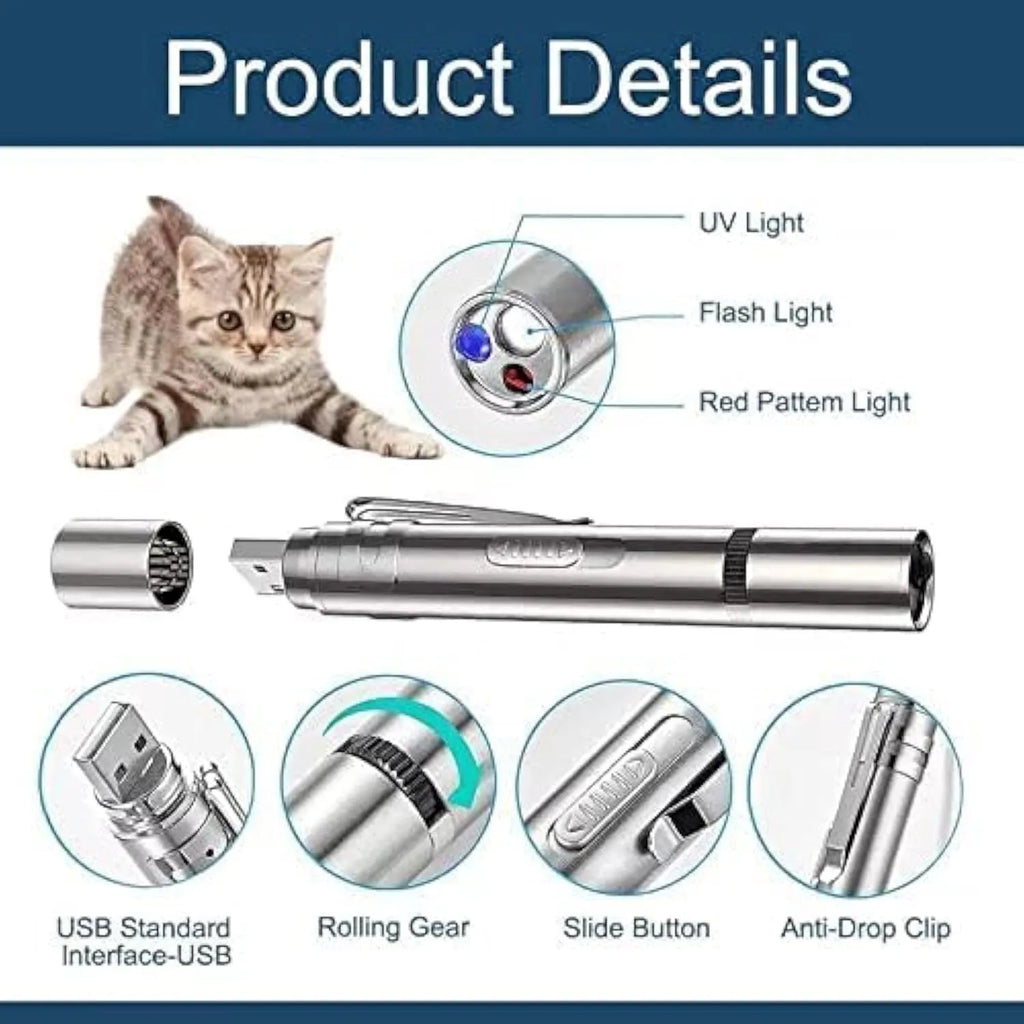 Silver aluminium cat laser pointer toy with USB charging port and selection gear