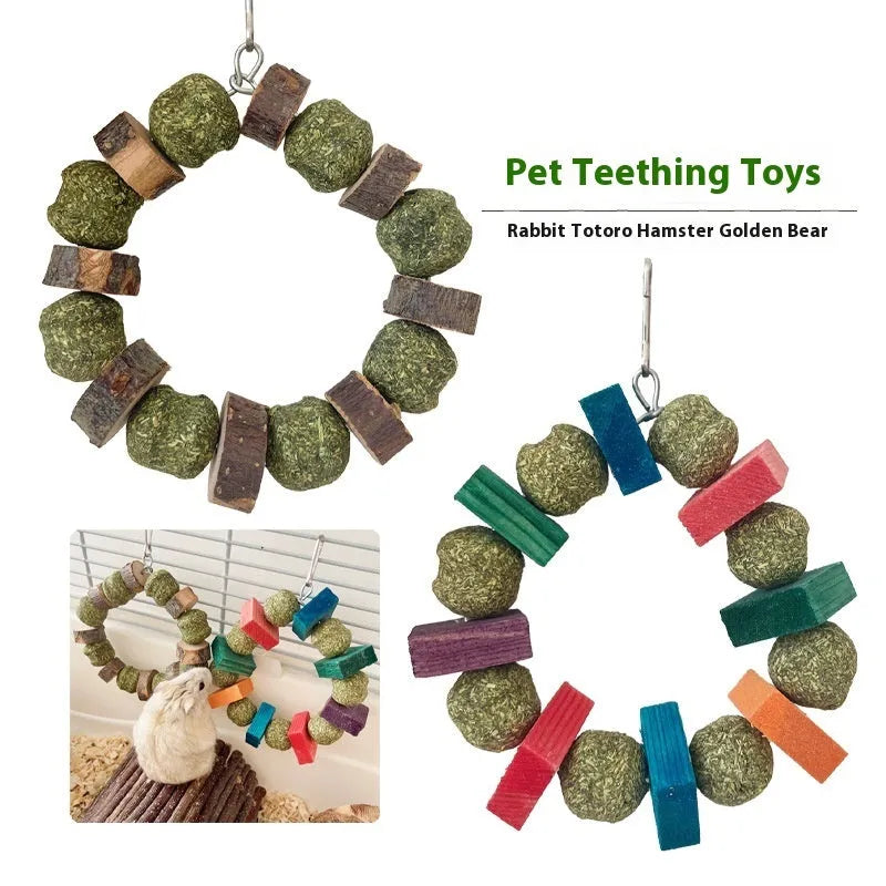 Small animal chew toy with applewood rod and decorative straw ball ring for hamsters guinea pigs rabbits