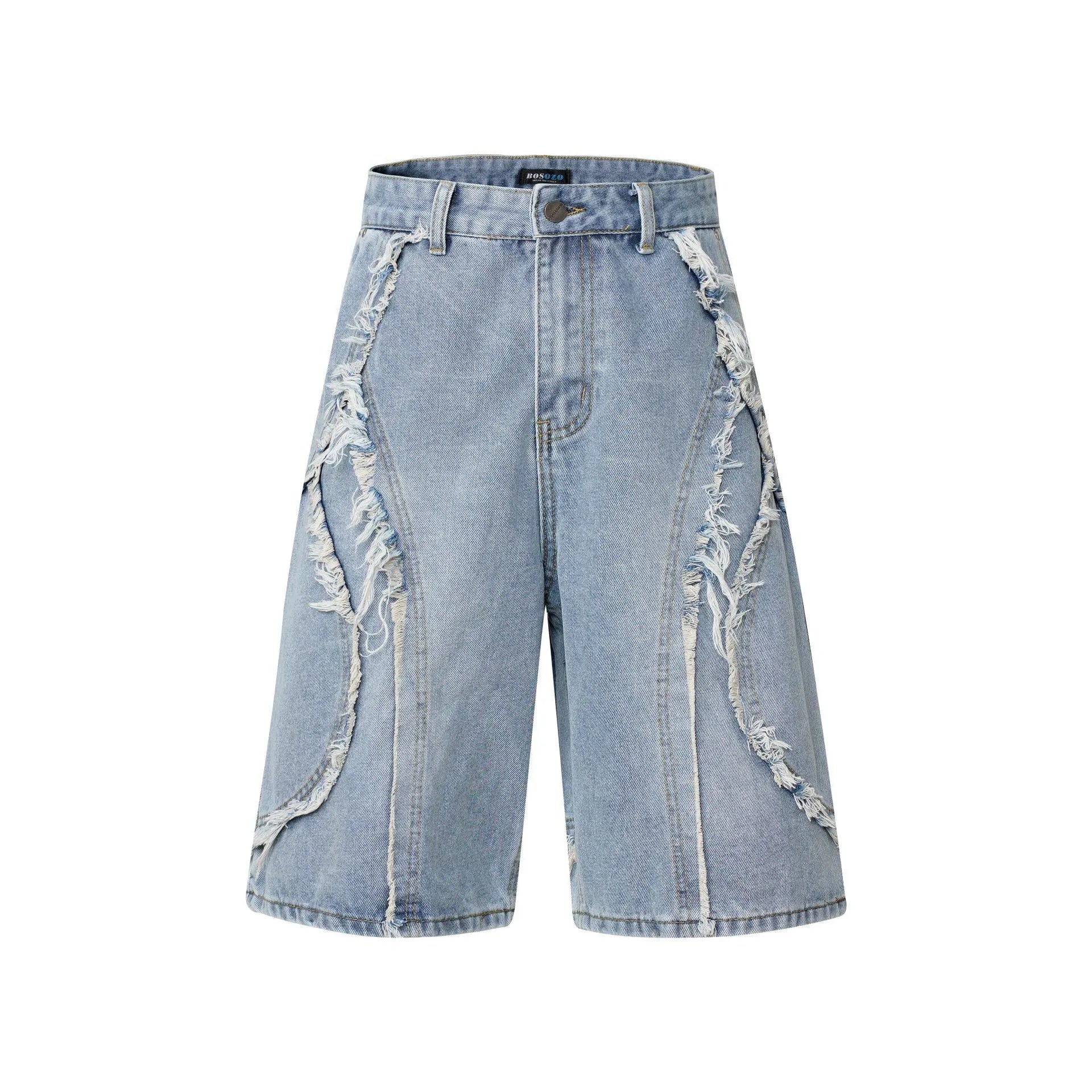 Distressed denim shorts with raw-edge hems in black, shown in a straight-leg cropped fit.