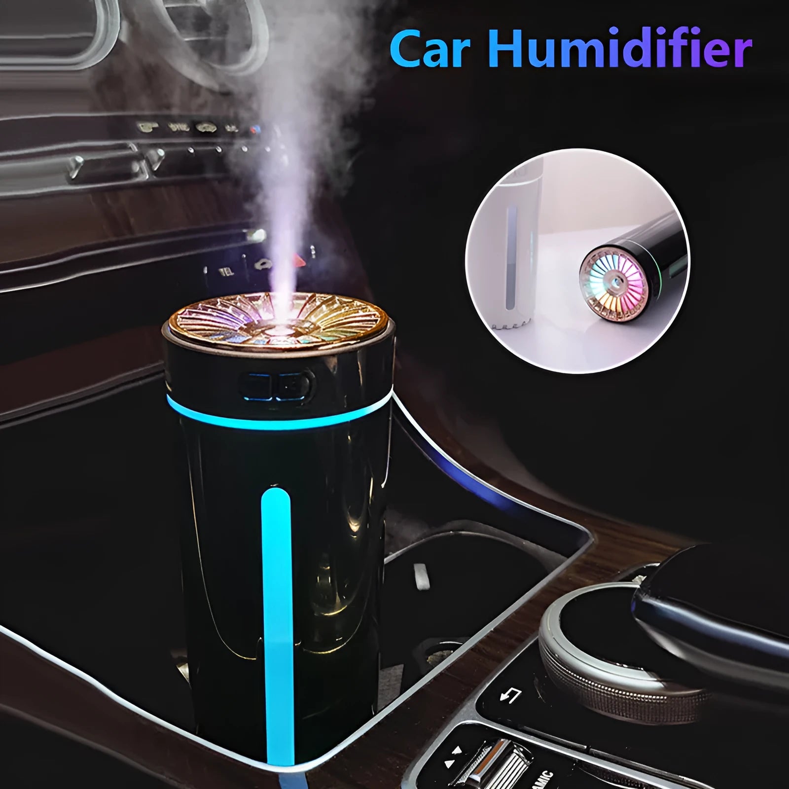 Compact black wireless humidifier with colourful LED lights sitting in car cup holder