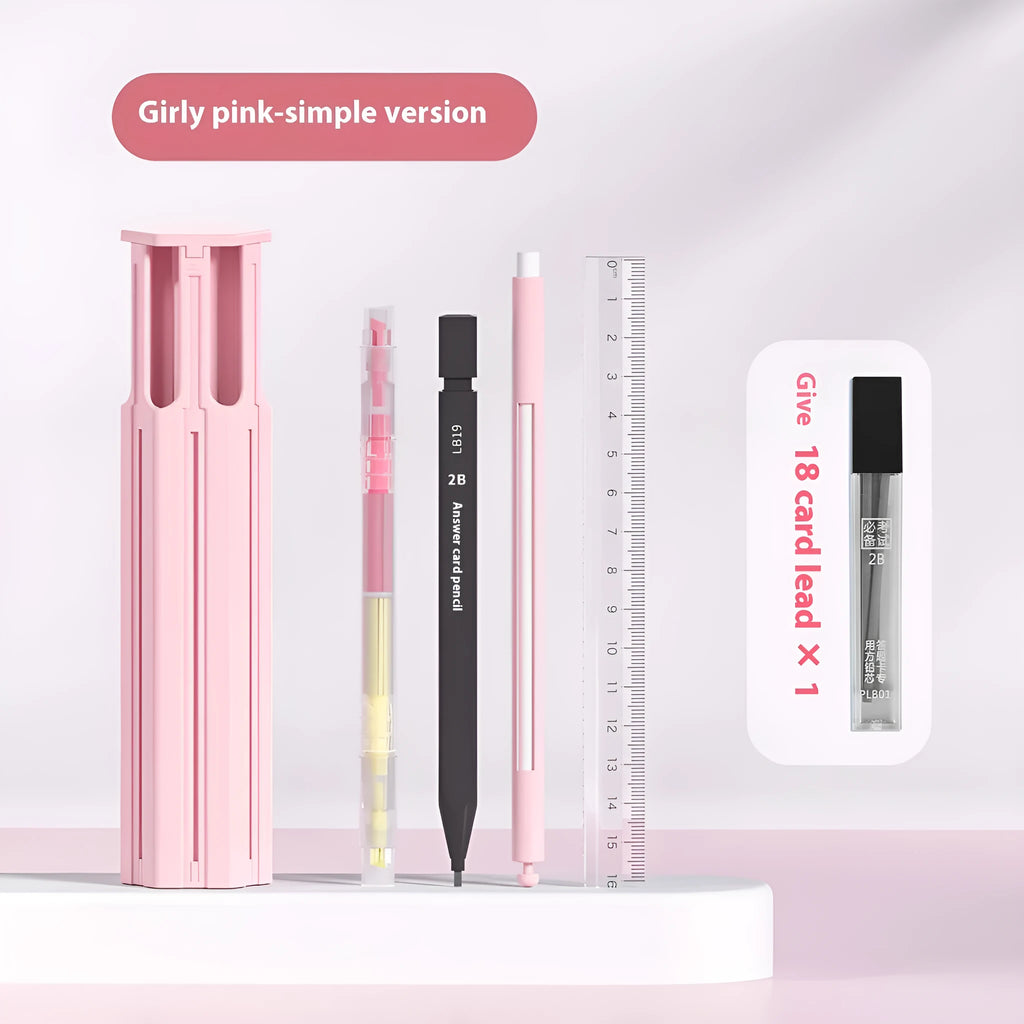 Plastic pressing pen for a six pen pencil box kit in a paper box