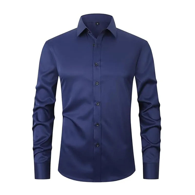 Men's stretch long sleeve shirt in polyester on a hanger, showing the button front and long sleeve design.
