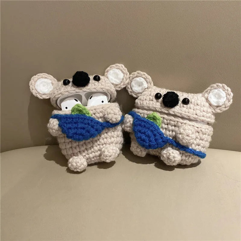 Hand-knitted koala bear backpack protective cover for Apple AirPods wireless earbuds